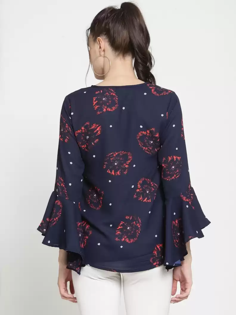 Casual Bell Sleeves Printed Women Multicolor Top