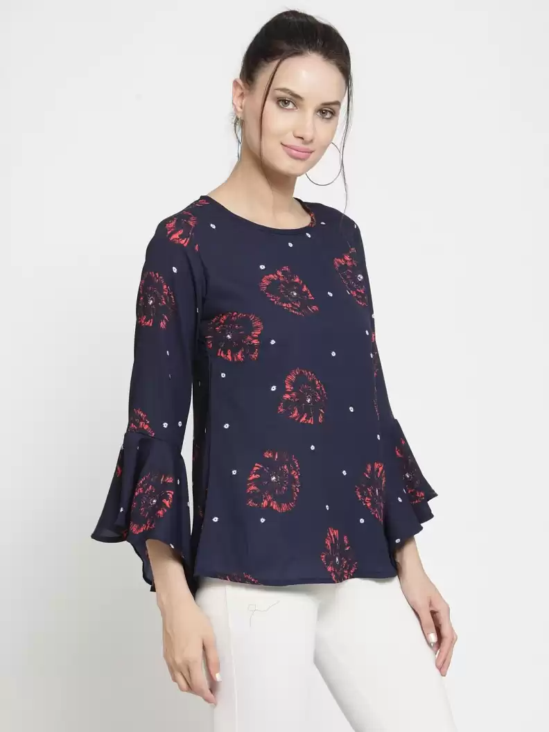 Casual Bell Sleeves Printed Women Multicolor Top