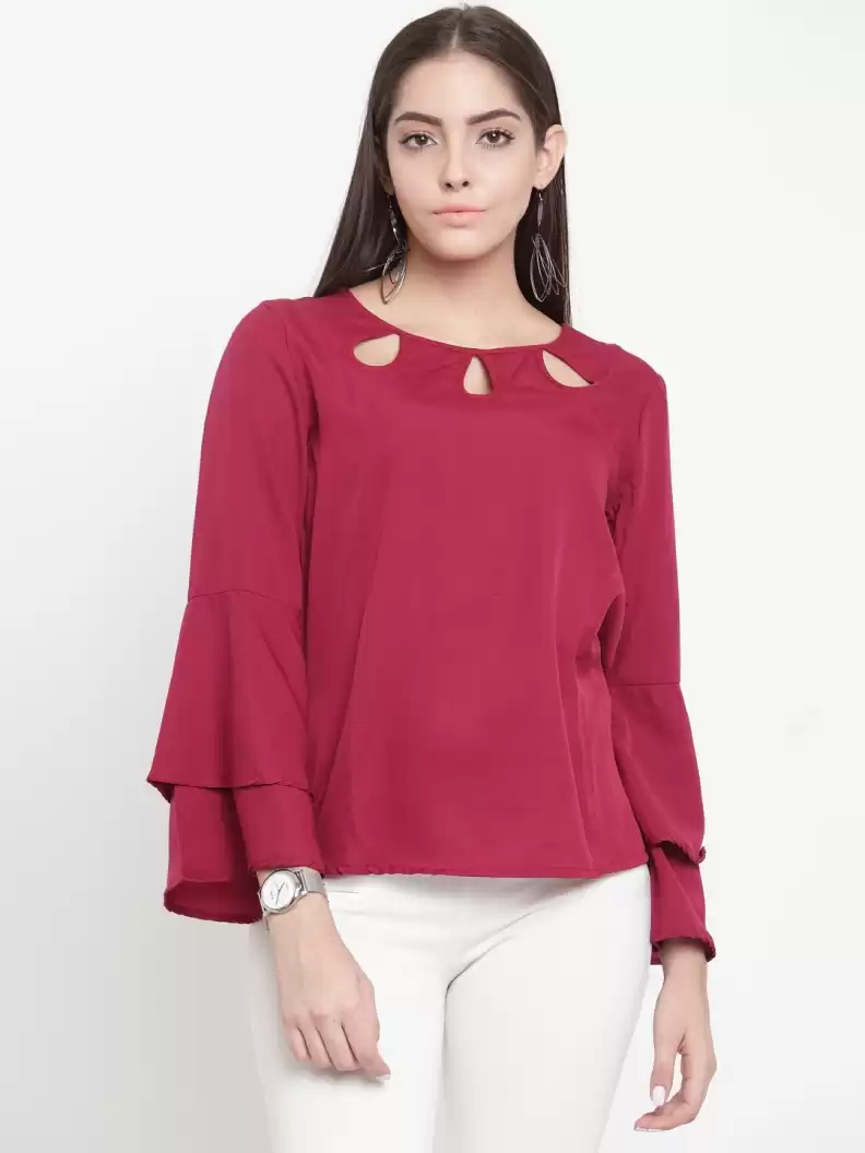 TANDUL  Casual Bell Sleeves Solid Women Purple Top