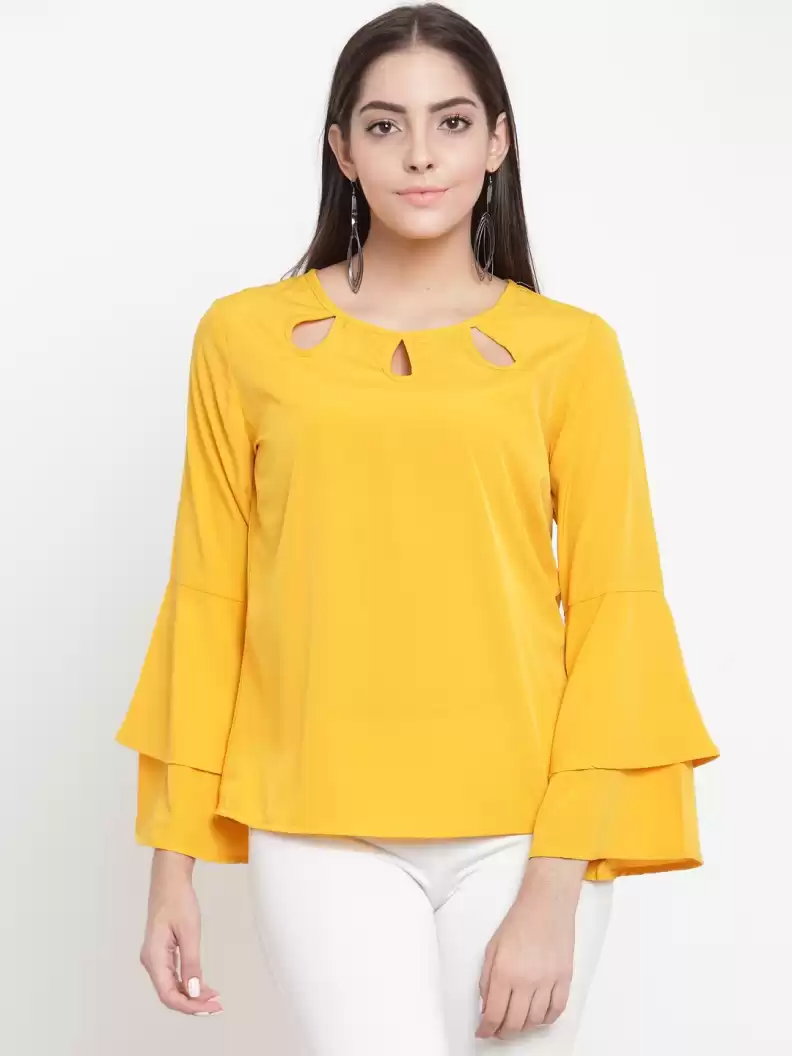 TANDUL  Casual Bell Sleeves Solid Women Yellow Top