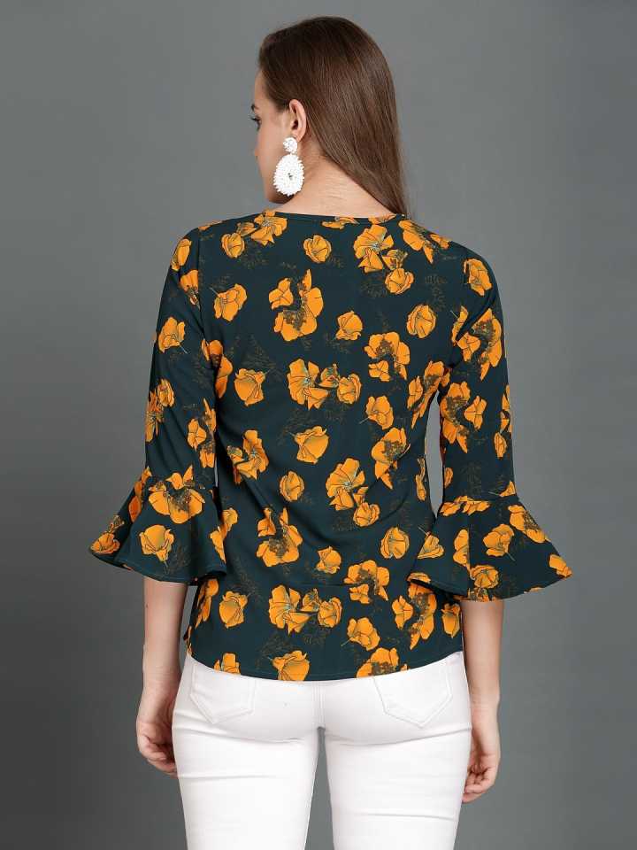 Casual Bell Sleeves Floral Print Women Multicolor Top