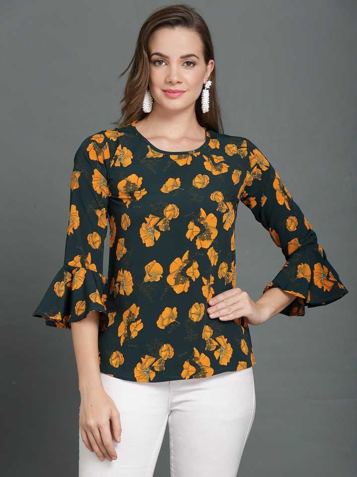 Casual Bell Sleeves Floral Print Women Multicolor Top