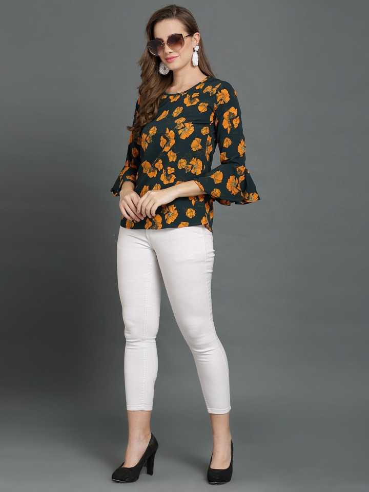 Casual Bell Sleeves Floral Print Women Multicolor Top