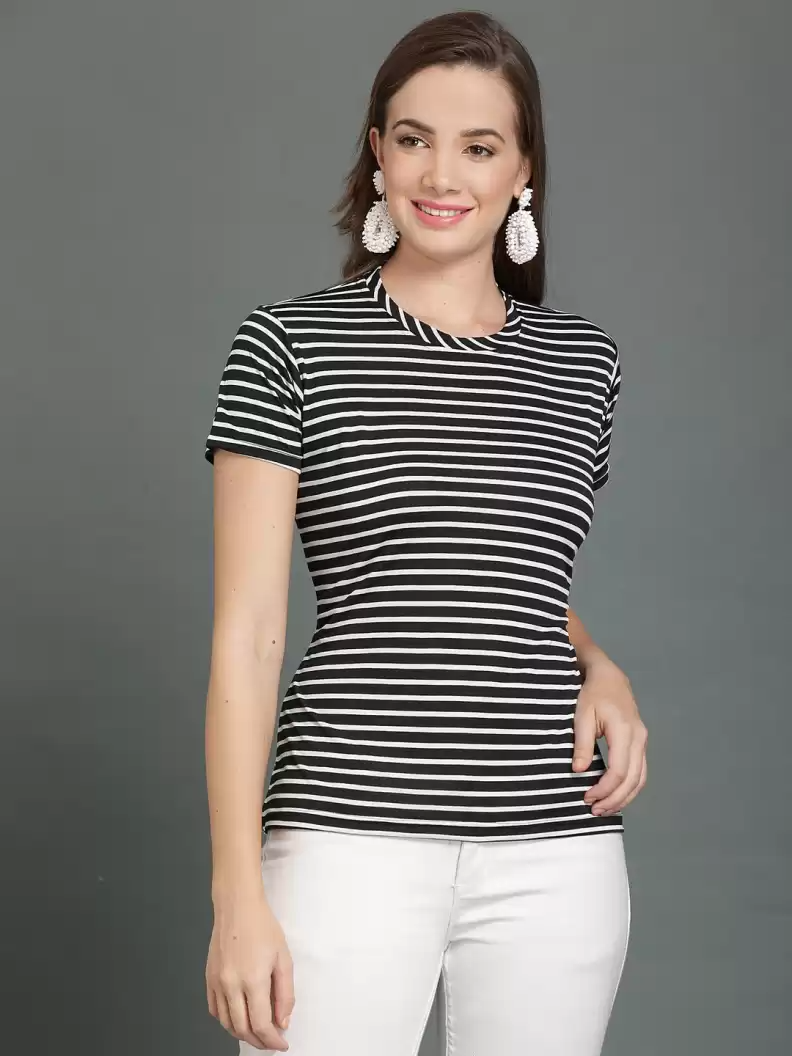 TANDUL  Striped Women Round Neck White, Black T-Shirt