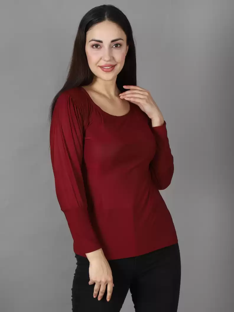 TANDUL  Casual Regular Sleeves Solid Women Maroon Top With Mask