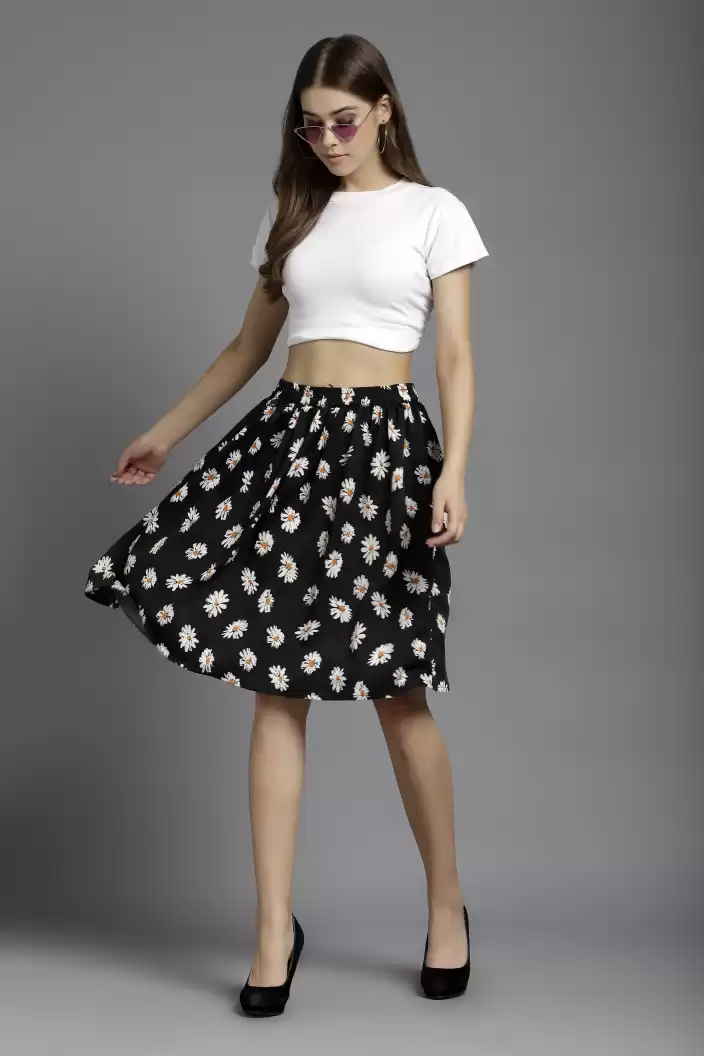 TANDUL  Women Floral Print Flared Black Skirt