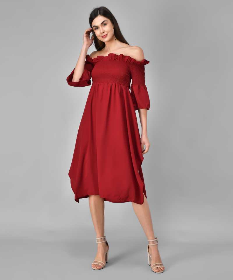 TANDUL  Women Gathered Maroon Dress