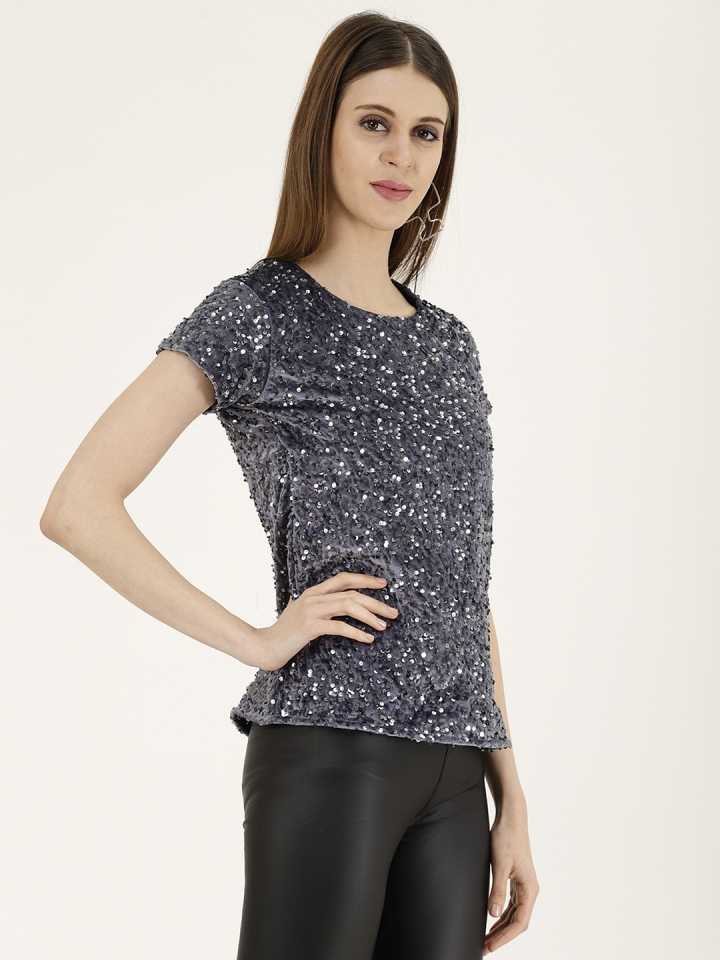 TANDUL  Casual Regular Sleeves Embellished Women Grey Top