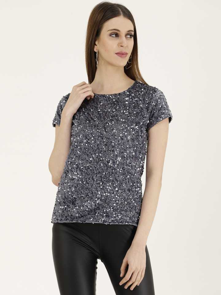 TANDUL  Casual Regular Sleeves Embellished Women Grey Top