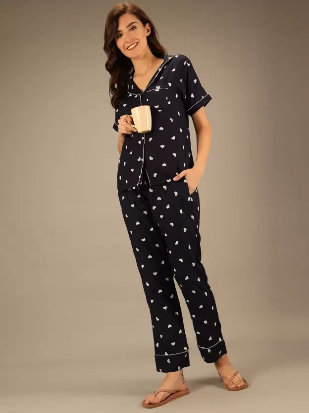 TANDUL  Women Printed Black Shirt & Pyjama set