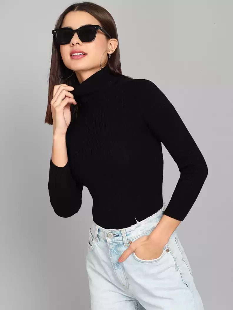 TANDUL  Self Design High Neck Casual Women Black Sweater