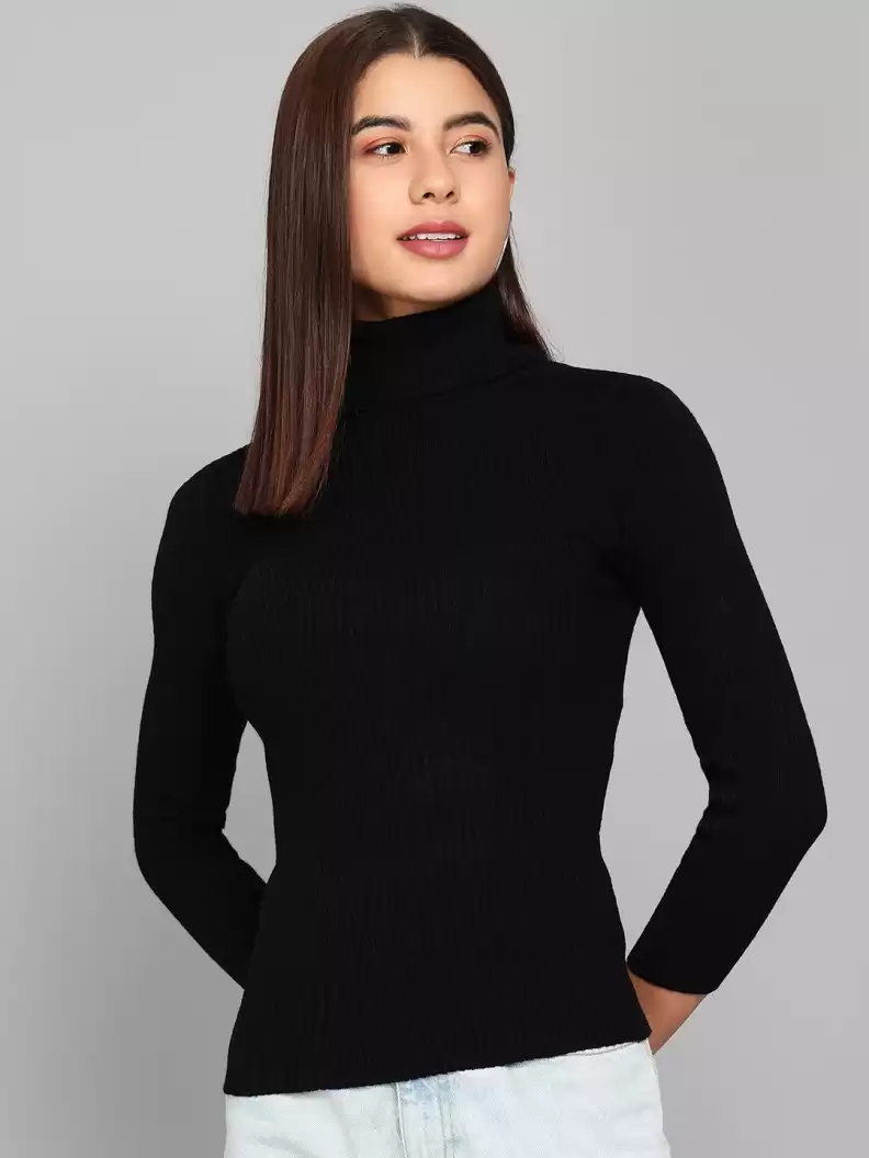 TANDUL  Self Design High Neck Casual Women Black Sweater