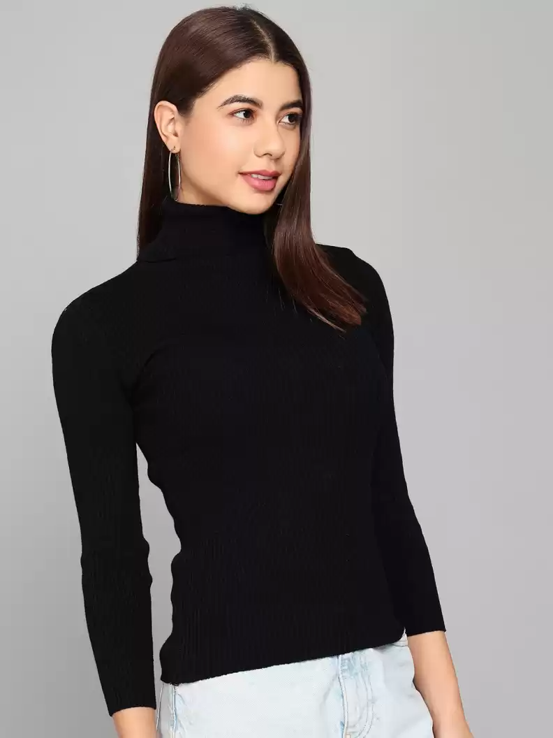 TANDUL  Self Design High Neck Casual Women Black Sweater