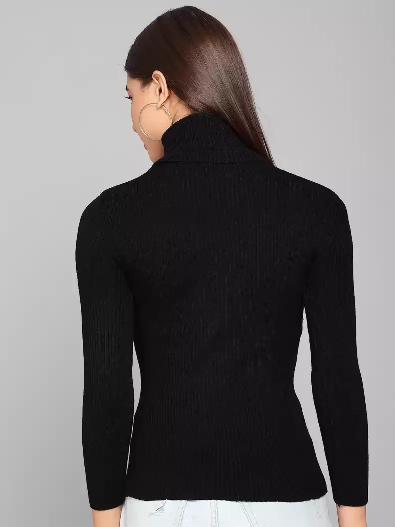 TANDUL  Self Design High Neck Casual Women Black Sweater