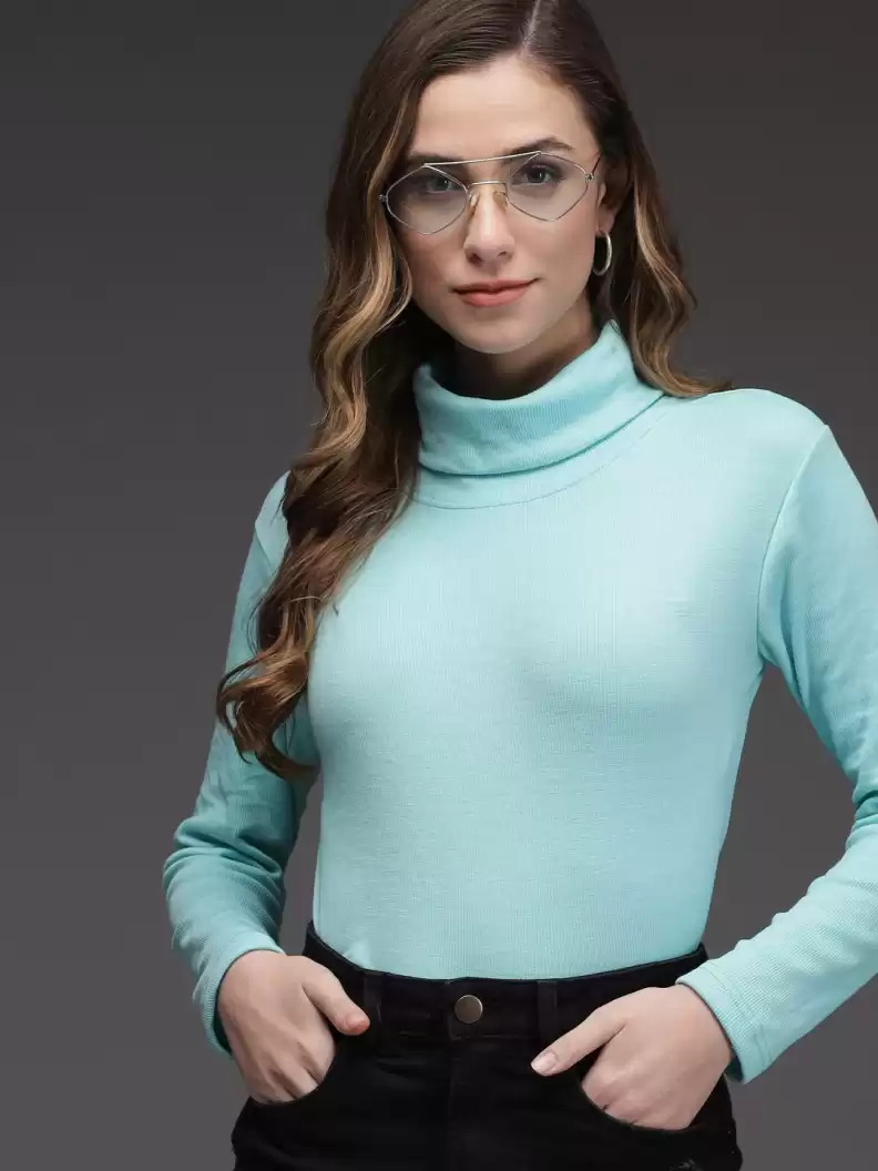 TANDUL  Solid High Neck Casual Women Blue Sweater