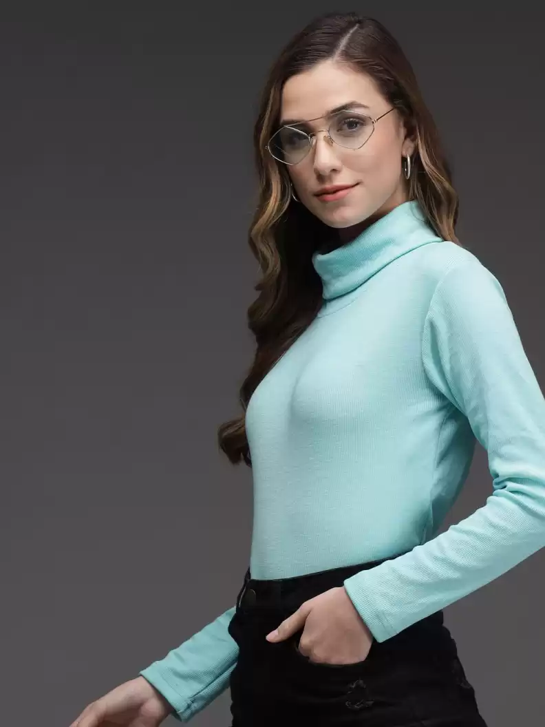 TANDUL  Solid High Neck Casual Women Blue Sweater