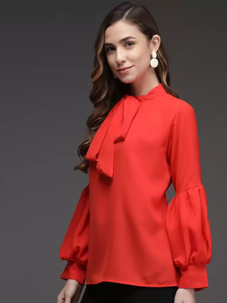 TANDUL  Casual Cuffed Sleeves Solid Women Red Top