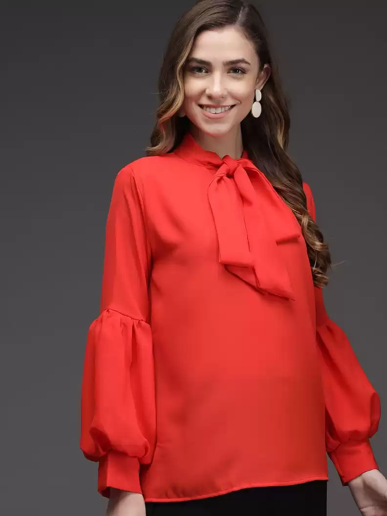 TANDUL  Casual Cuffed Sleeves Solid Women Red Top