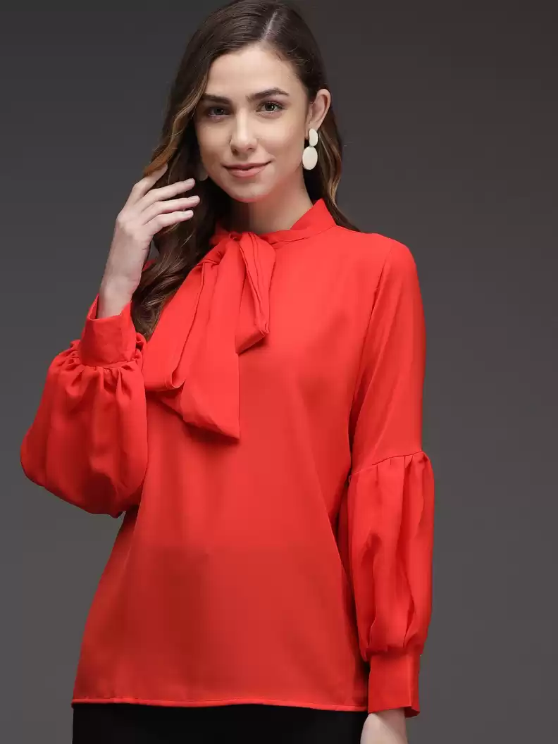 TANDUL  Casual Cuffed Sleeves Solid Women Red Top