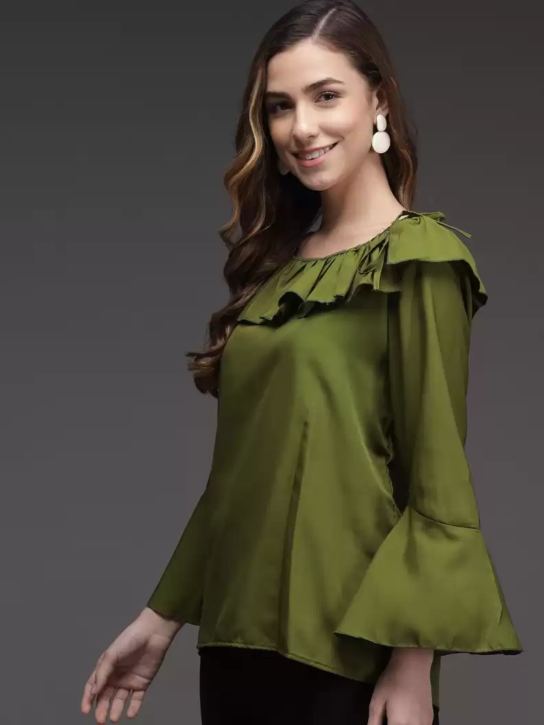 TANDUL  Casual Bell Sleeves Solid Women Green Top