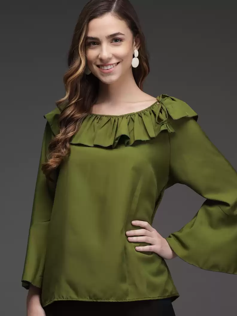 TANDUL  Casual Bell Sleeves Solid Women Green Top