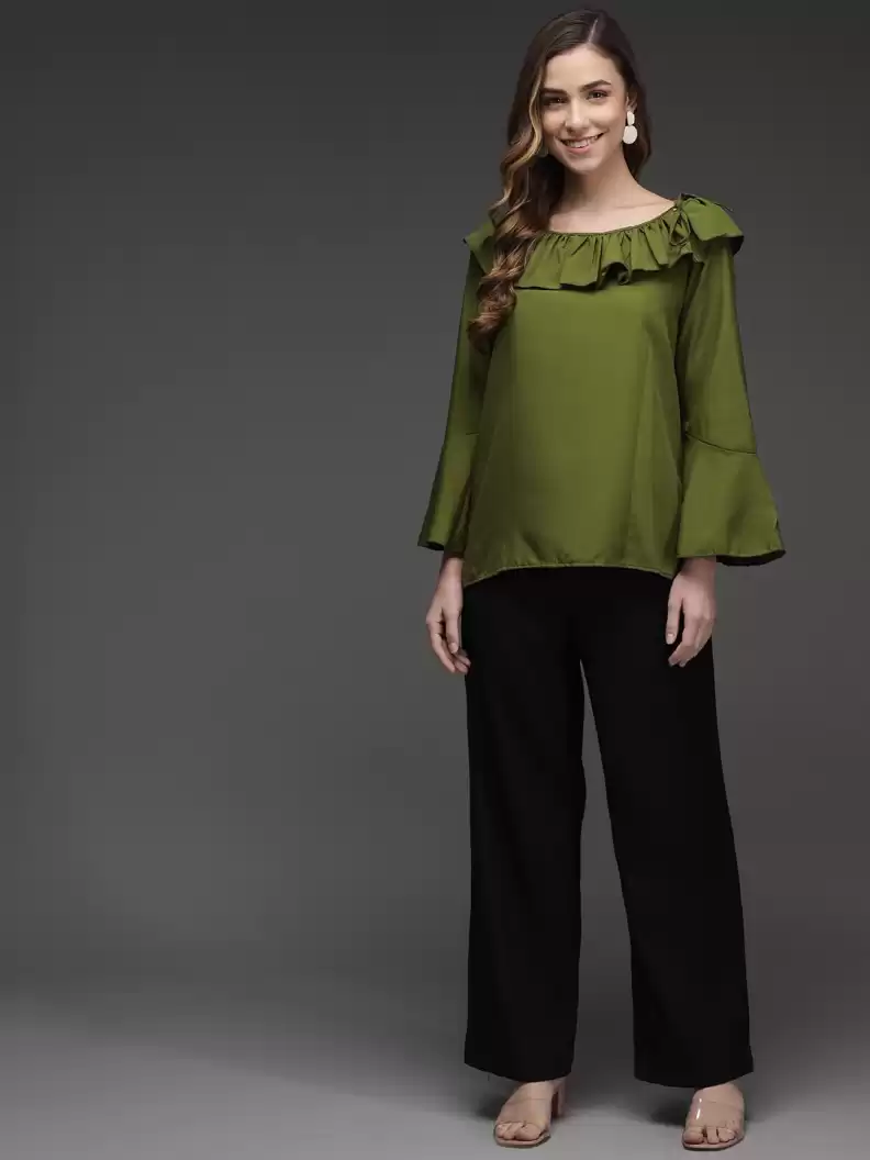 TANDUL  Casual Bell Sleeves Solid Women Green Top