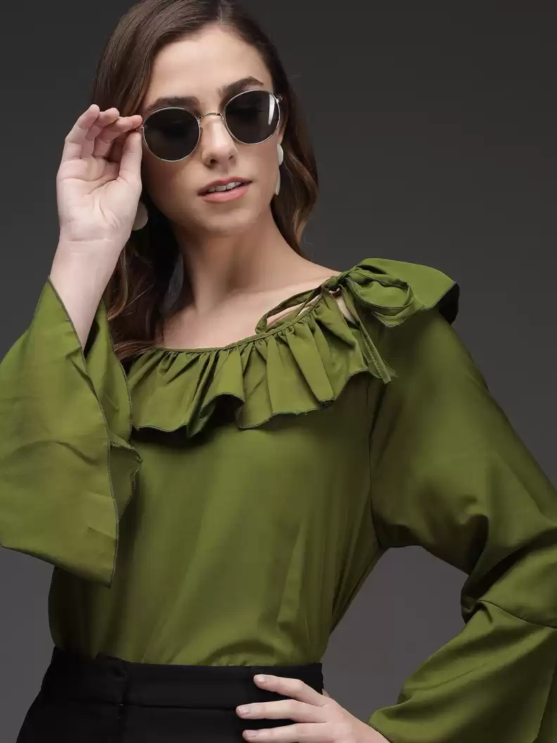 TANDUL  Casual Bell Sleeves Solid Women Green Top