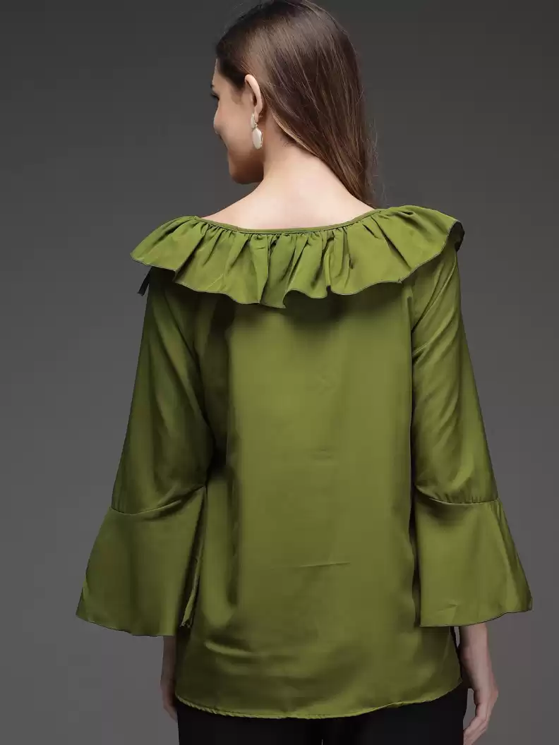 TANDUL  Casual Bell Sleeves Solid Women Green Top