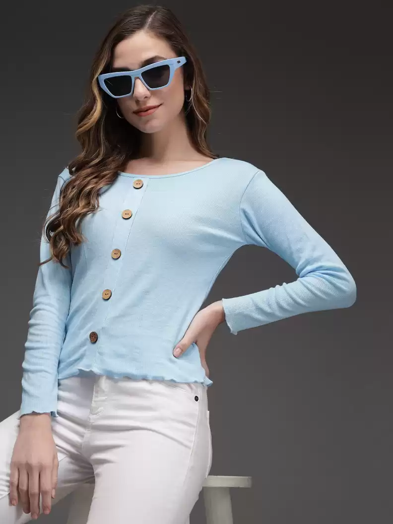 TANDUL  Casual Regular Sleeves Solid Women Light Blue Top