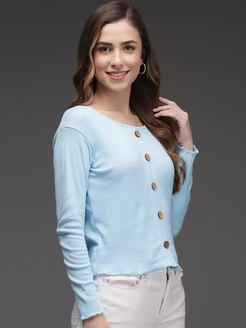 TANDUL  Casual Regular Sleeves Solid Women Light Blue Top