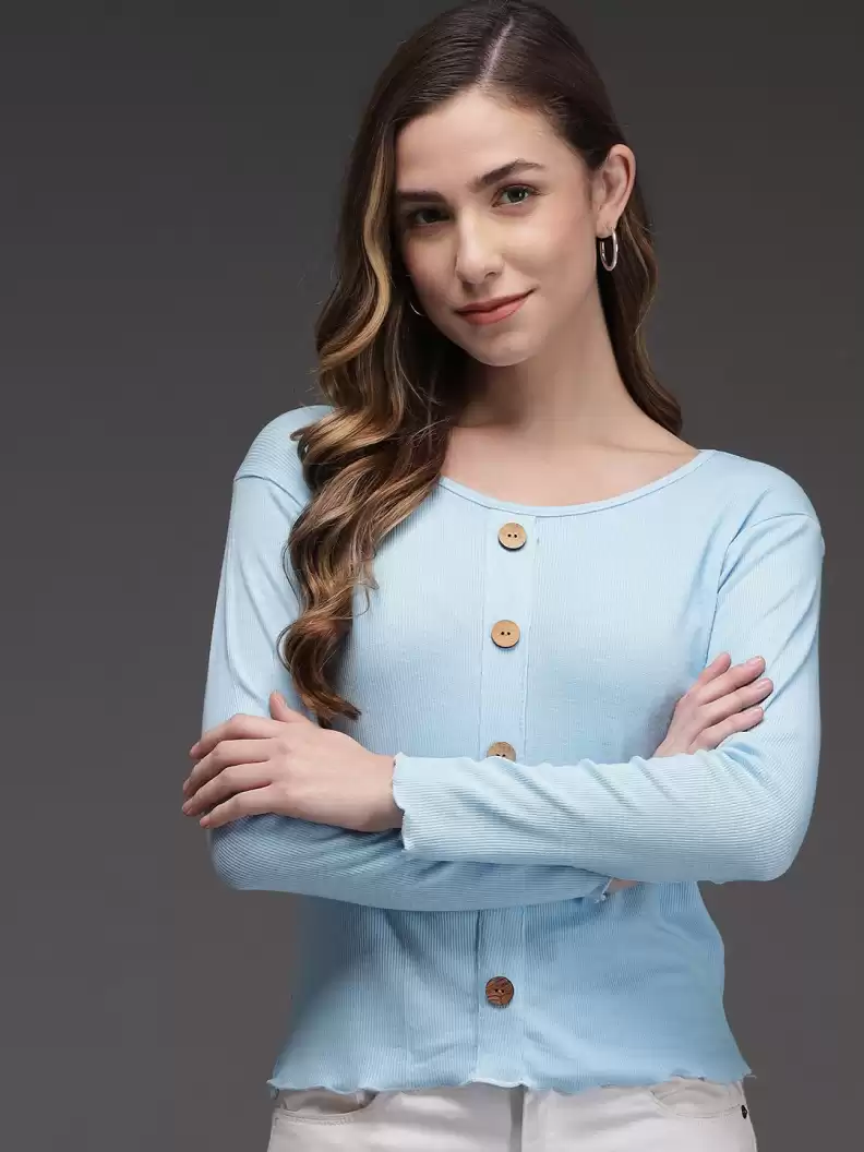 TANDUL  Casual Regular Sleeves Solid Women Light Blue Top