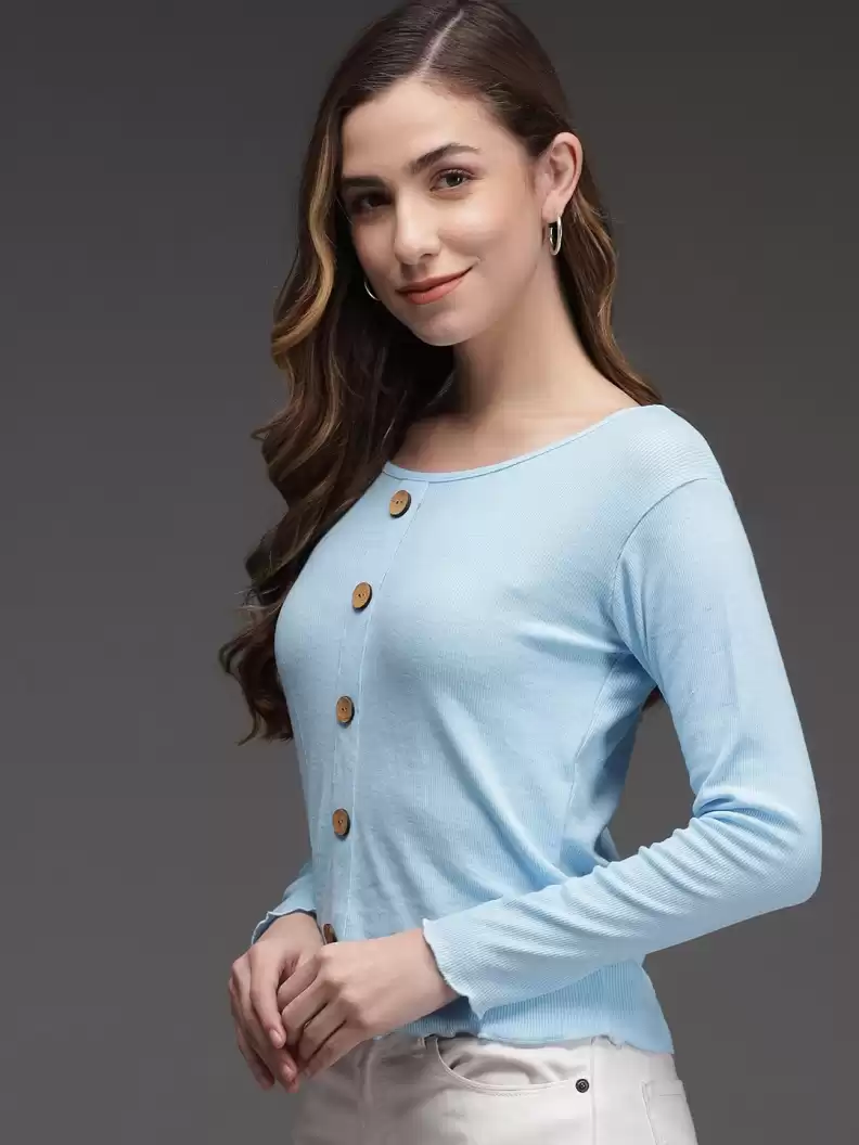 TANDUL  Casual Regular Sleeves Solid Women Light Blue Top