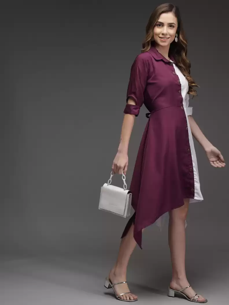 TANDUL  Women Fit and Flare Maroon, White Dress