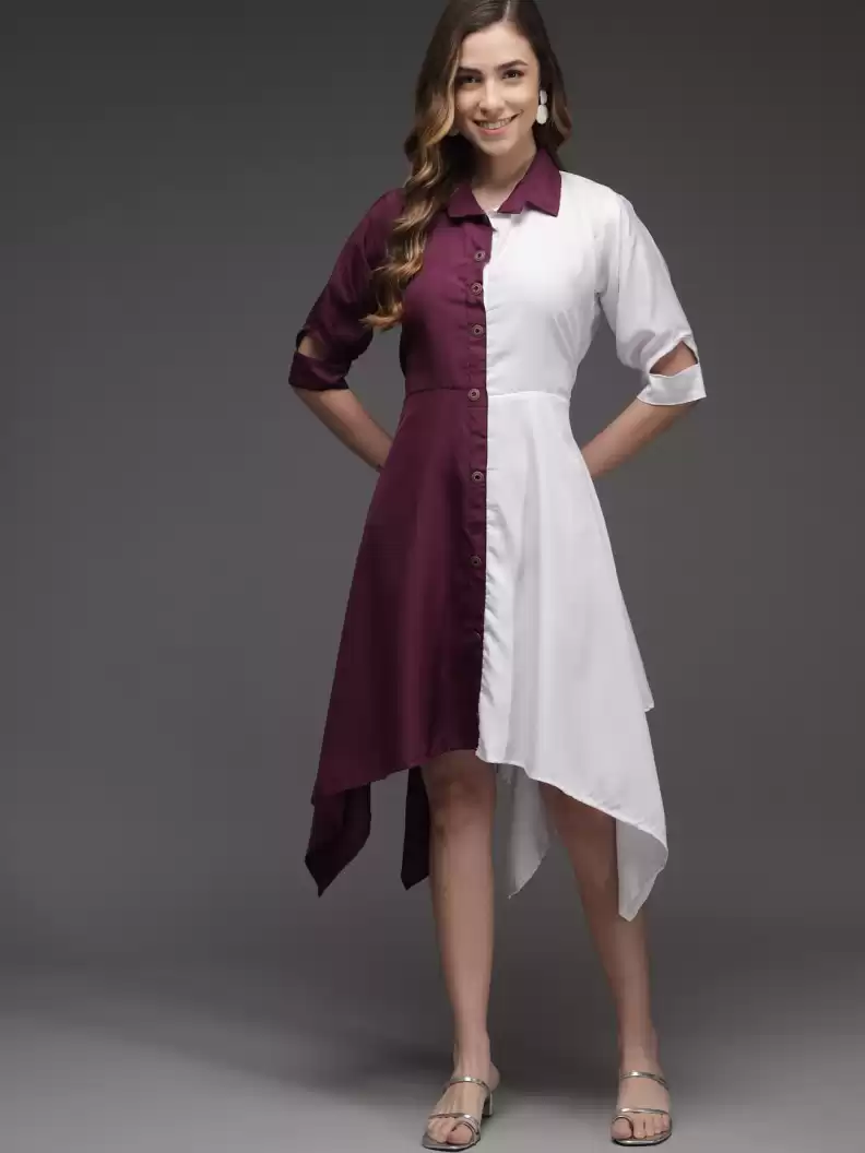 TANDUL  Women Fit and Flare Maroon, White Dress