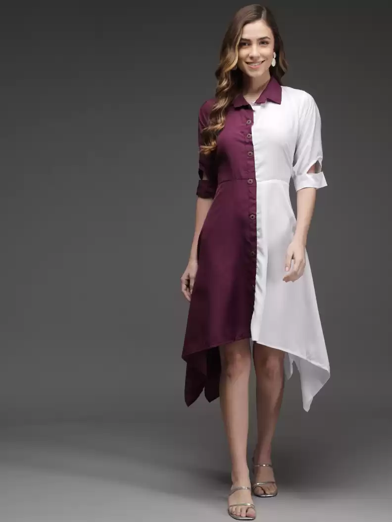 TANDUL  Women Fit and Flare Maroon, White Dress