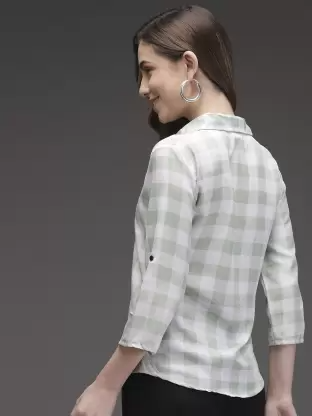 Women Checkered Casual Light Green, White Shirt