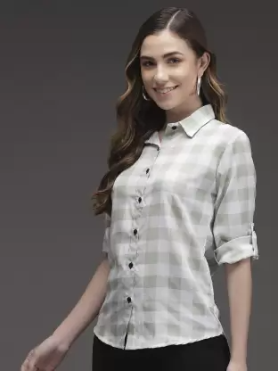 Women Checkered Casual Light Green, White Shirt