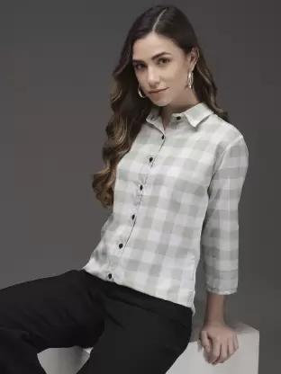 Women Checkered Casual Light Green, White Shirt