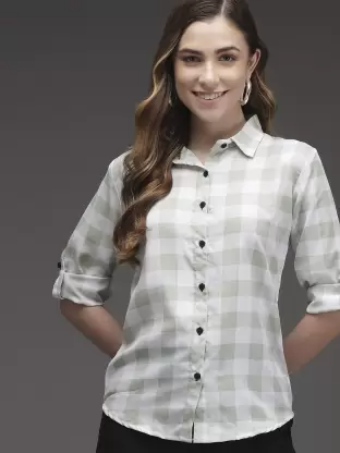 Women Checkered Casual Light Green, White Shirt