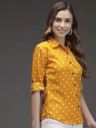 Women Polka Print Casual Yellow, White Shirt