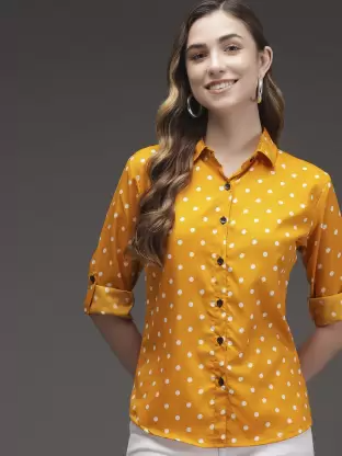 Women Polka Print Casual Yellow, White Shirt