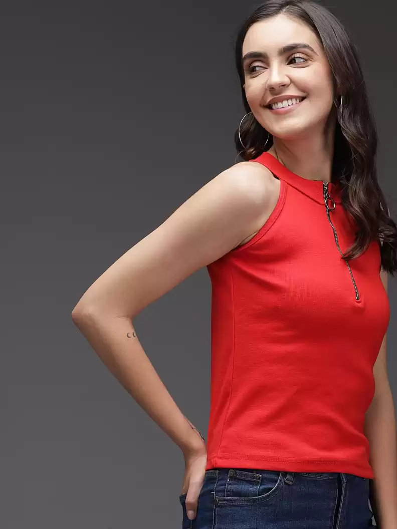 TANDUL  Casual Sleeveless Solid Women Red Top