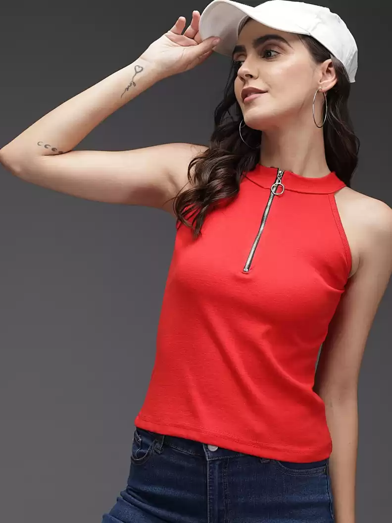 TANDUL  Casual Sleeveless Solid Women Red Top