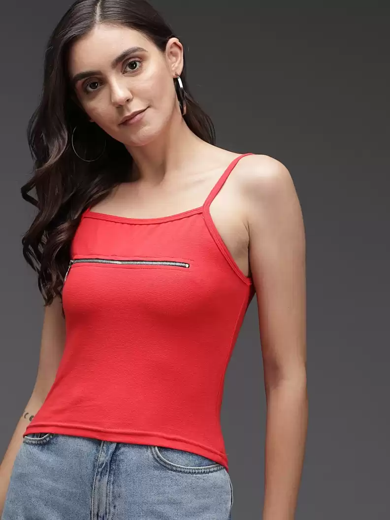 TANDUL  Casual Noodle Straps Solid Women Red Top