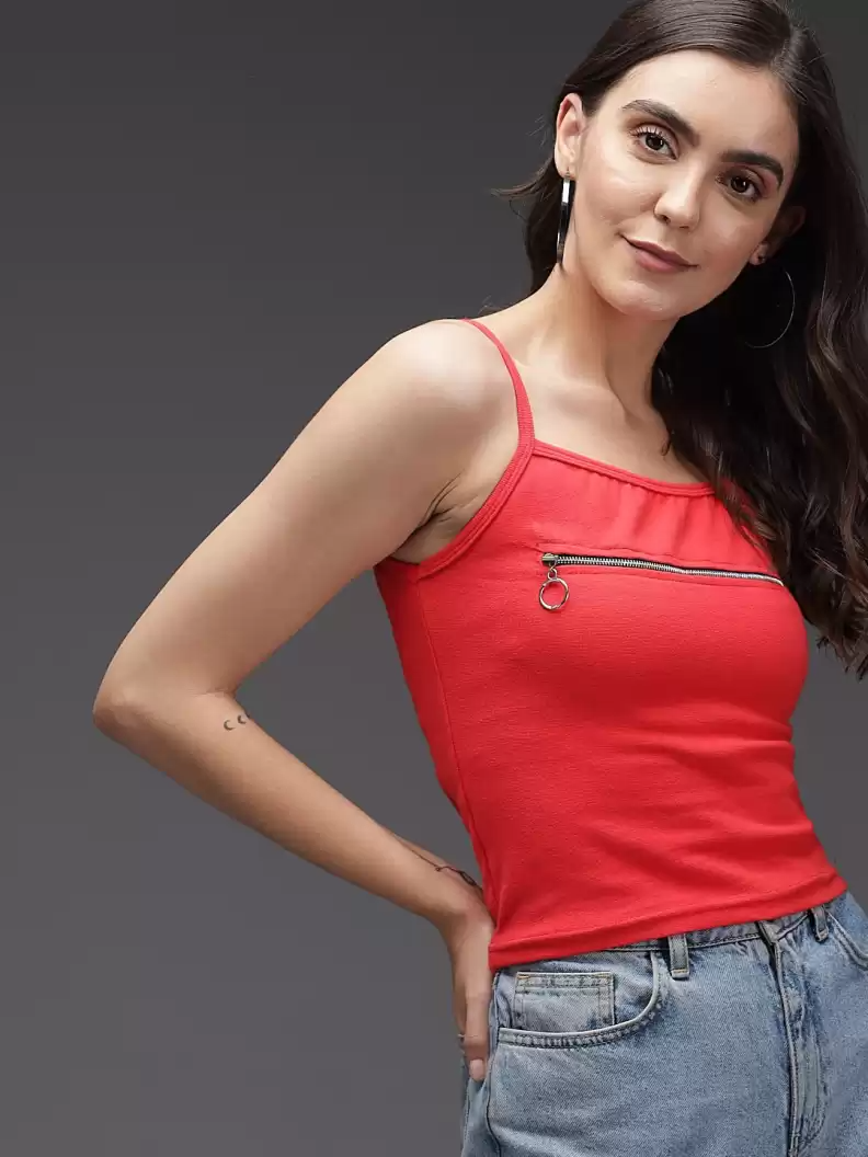 TANDUL  Casual Noodle Straps Solid Women Red Top