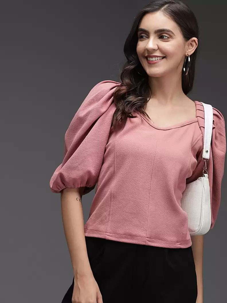 TANDUL  Casual Puff Sleeves Solid Women Pink Top