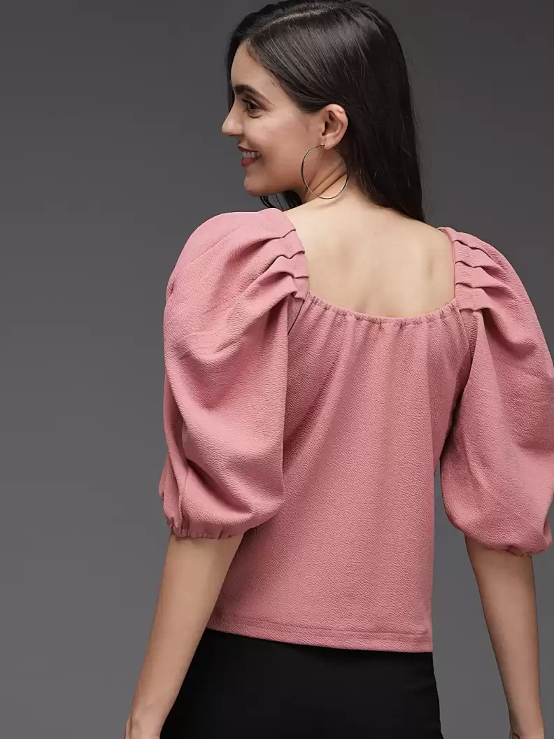 TANDUL  Casual Puff Sleeves Solid Women Pink Top