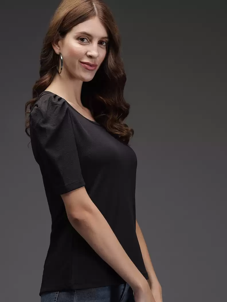 TANDUL  Casual Puff Sleeves Solid Women Black Top