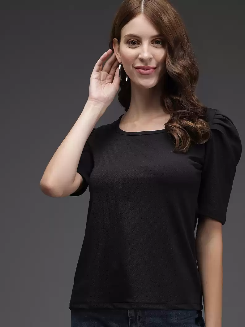 TANDUL  Casual Puff Sleeves Solid Women Black Top