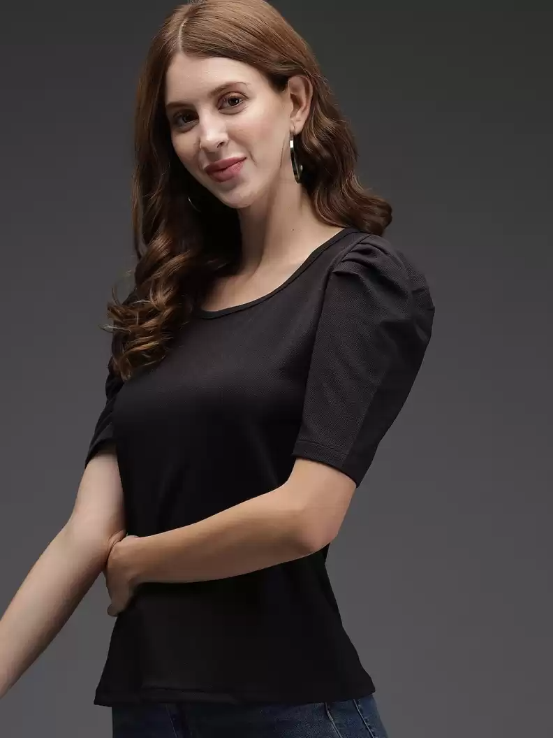 TANDUL  Casual Puff Sleeves Solid Women Black Top